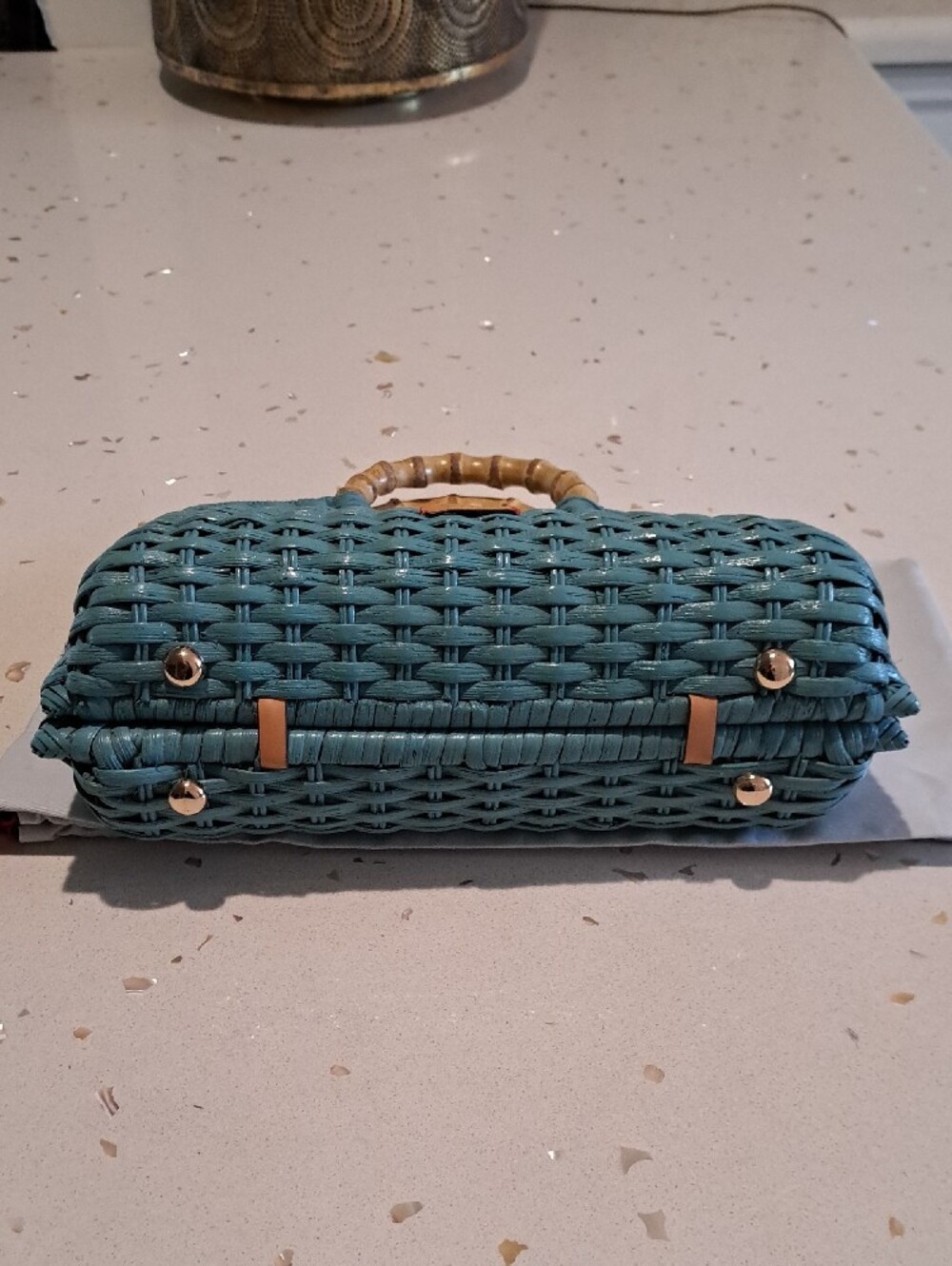 Frances Valentine Teal Buzzy Basket Woven Tote with Bamboo Top Handle - Picture 8 of 16